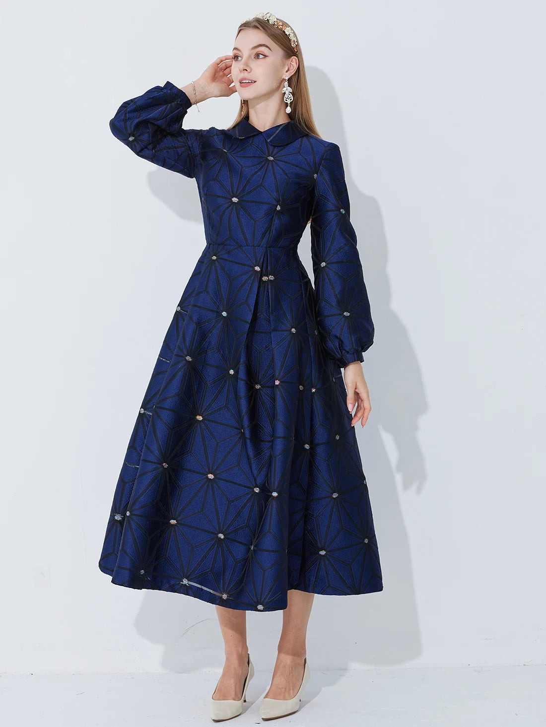 Fall/Winter Turned Collar Lined Sleeve A-Line Silhouette Geometric Heavyweight Jacquard Elegant and Graceful Long Dress