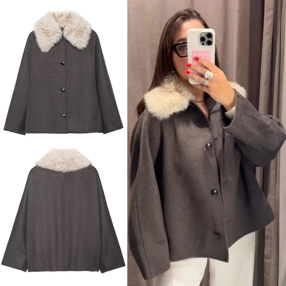 HH Women Fashion Faux Fur Lapel Woolen Coat Elegant Solid Long Sleeve Single Breasted Jackets Autumn Winter Lady Street Outwear