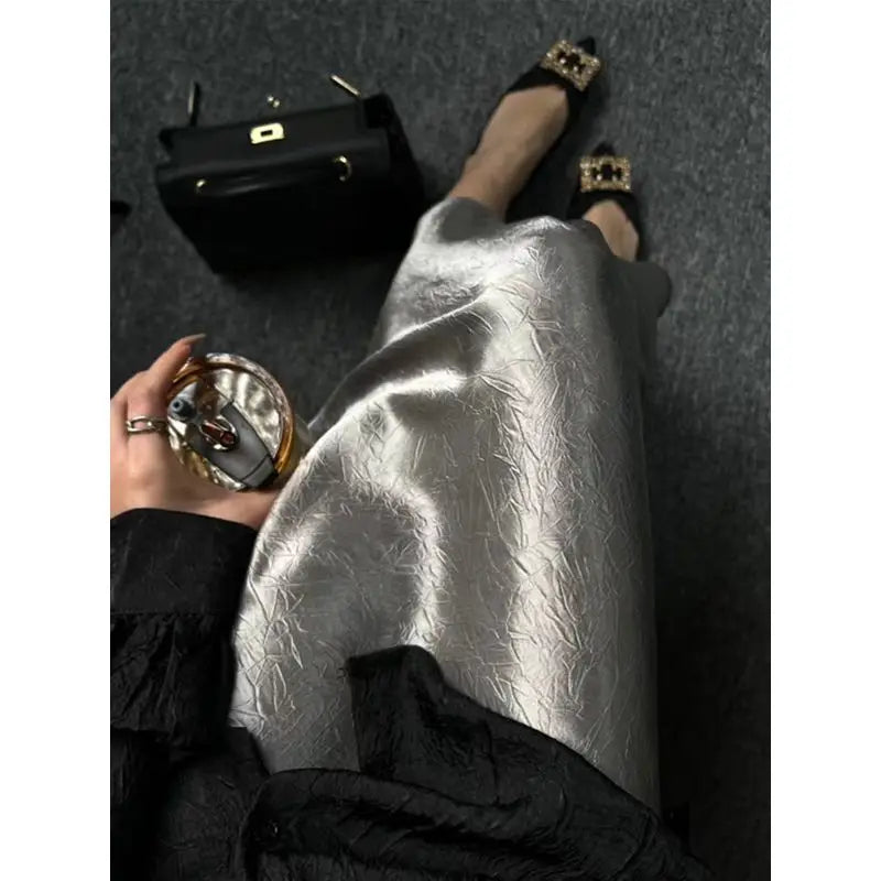 High-end Silver Temperament Skirt for Women Summer New Chinese Style, Versatile and Beautiful Fishtail Long Skirt