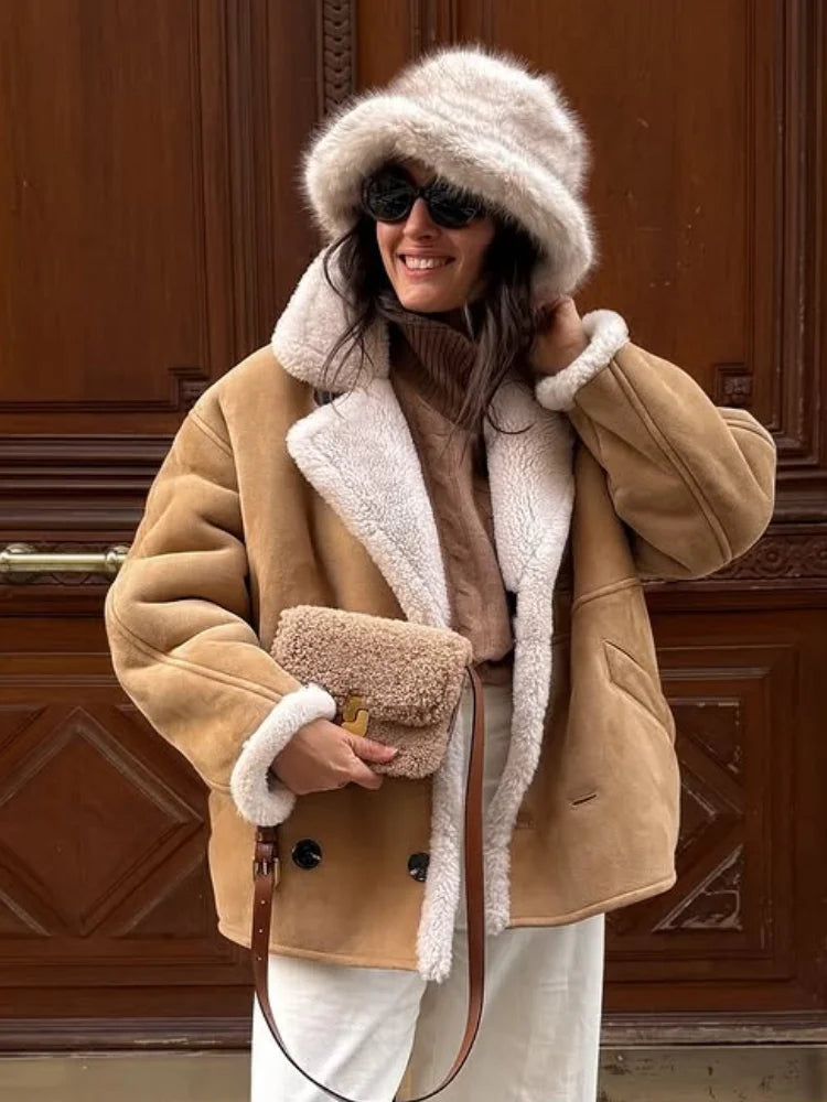 Fashion Lamb Wool Patchwork Suede Jacket Women Lapel Long Sleeve Single Breasted Loose Short Coat Winter Lady Street Outwear