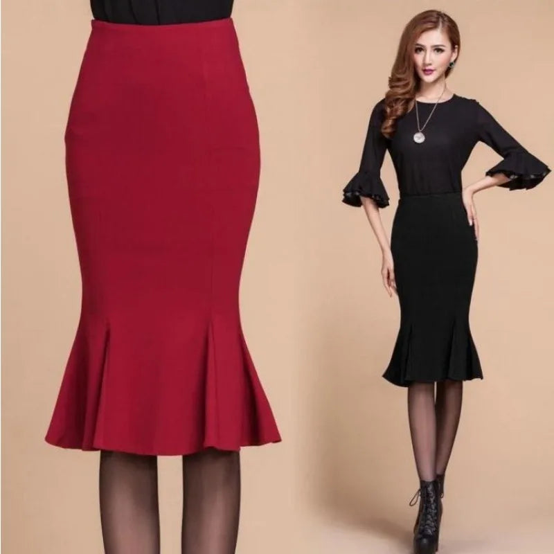High waist fishtail skirt skirt in the long ruffled slim large size bag hip stretch skirt